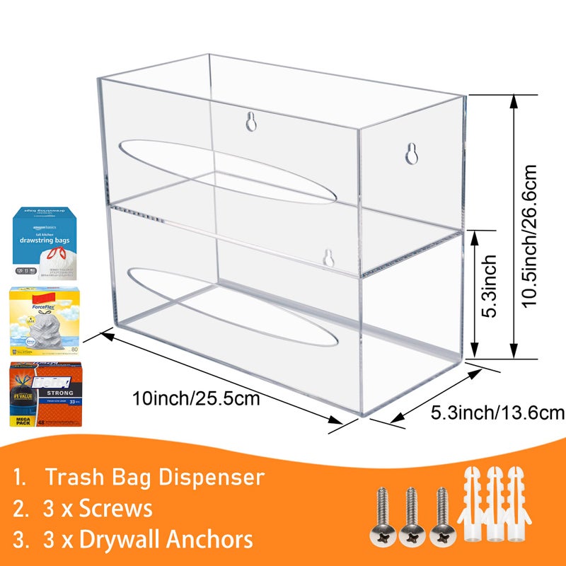 SEANADO Trash Bag Dispenser Holder, 2 Compartment Wall Mount Acrylic Kitchen Double Side Loaded Organizer Storage Box Holder for Garbage Bag Grocery Bag Plastic Bag(10 x 4.7X 8inches) - Image 3